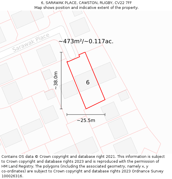6, SARAWAK PLACE, CAWSTON, RUGBY, CV22 7FF: Plot and title map