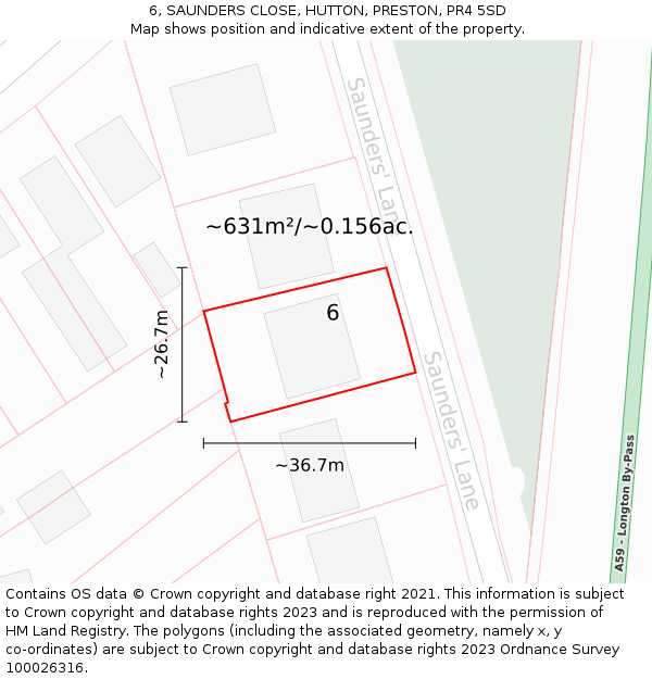 6, SAUNDERS CLOSE, HUTTON, PRESTON, PR4 5SD: Plot and title map