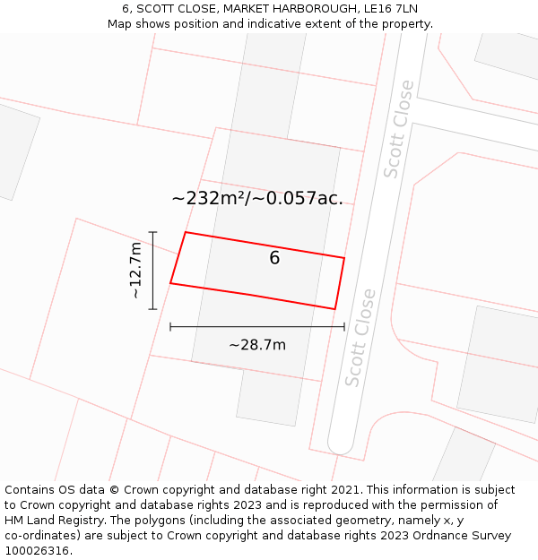 6, SCOTT CLOSE, MARKET HARBOROUGH, LE16 7LN: Plot and title map