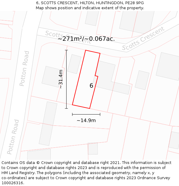 6, SCOTTS CRESCENT, HILTON, HUNTINGDON, PE28 9PG: Plot and title map