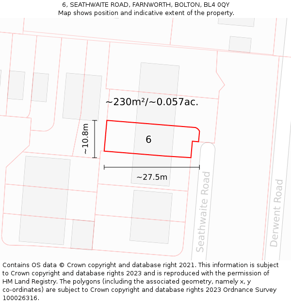 6, SEATHWAITE ROAD, FARNWORTH, BOLTON, BL4 0QY: Plot and title map