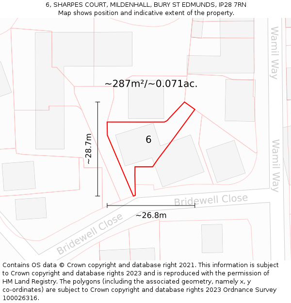 6, SHARPES COURT, MILDENHALL, BURY ST EDMUNDS, IP28 7RN: Plot and title map