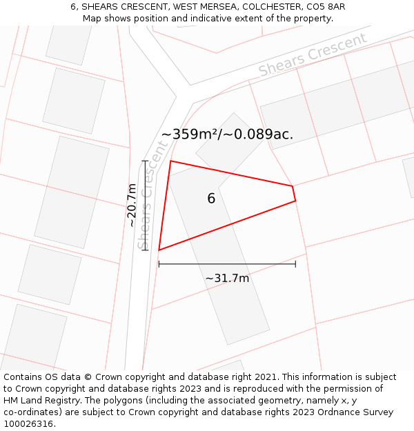 6, SHEARS CRESCENT, WEST MERSEA, COLCHESTER, CO5 8AR: Plot and title map