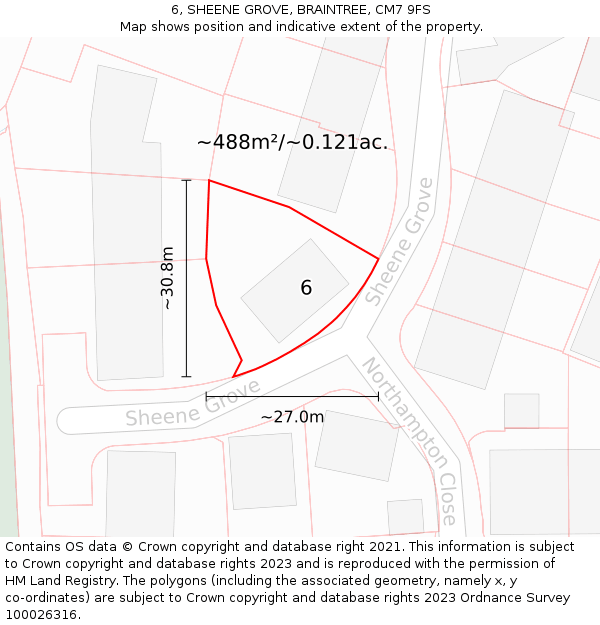 6, SHEENE GROVE, BRAINTREE, CM7 9FS: Plot and title map