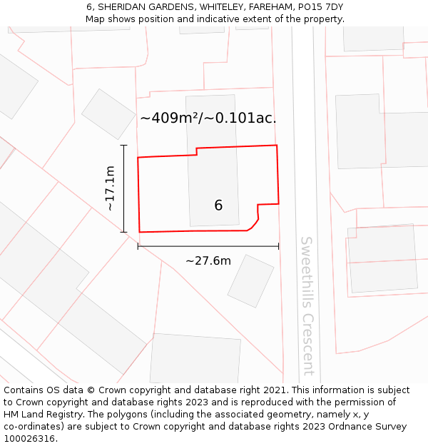 6, SHERIDAN GARDENS, WHITELEY, FAREHAM, PO15 7DY: Plot and title map