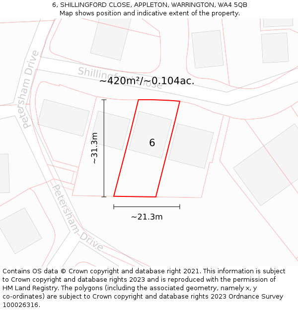 6, SHILLINGFORD CLOSE, APPLETON, WARRINGTON, WA4 5QB: Plot and title map