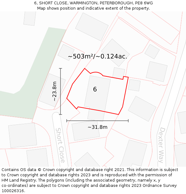 6, SHORT CLOSE, WARMINGTON, PETERBOROUGH, PE8 6WG: Plot and title map