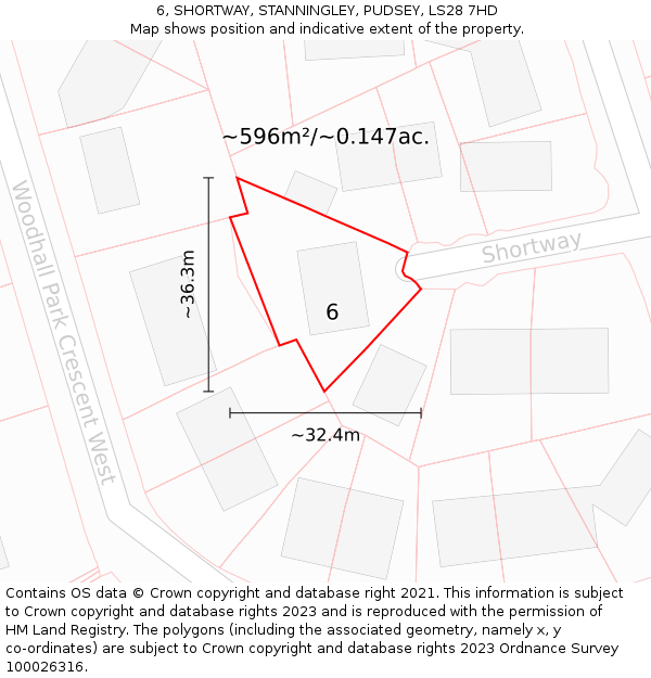 6, SHORTWAY, STANNINGLEY, PUDSEY, LS28 7HD: Plot and title map