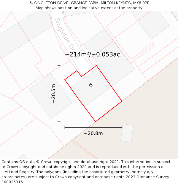 6, SINGLETON DRIVE, GRANGE FARM, MILTON KEYNES, MK8 0PE: Plot and title map