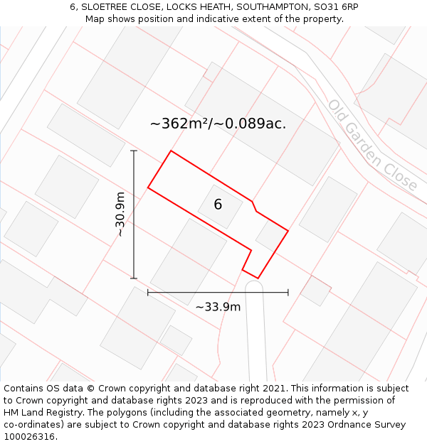6, SLOETREE CLOSE, LOCKS HEATH, SOUTHAMPTON, SO31 6RP: Plot and title map