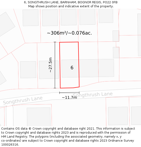 6, SONGTHRUSH LANE, BARNHAM, BOGNOR REGIS, PO22 0FB: Plot and title map