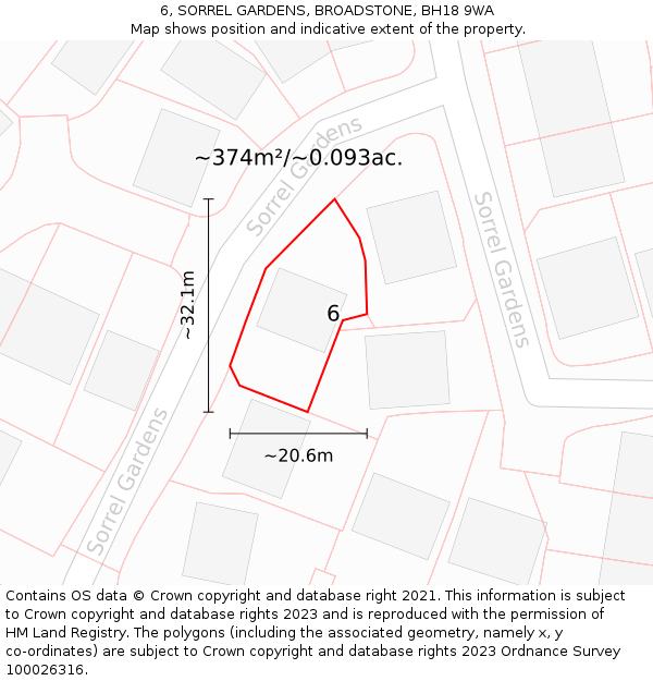 6, SORREL GARDENS, BROADSTONE, BH18 9WA: Plot and title map