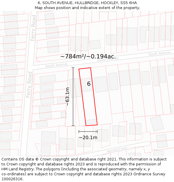 6, SOUTH AVENUE, HULLBRIDGE, HOCKLEY, SS5 6HA: Plot and title map
