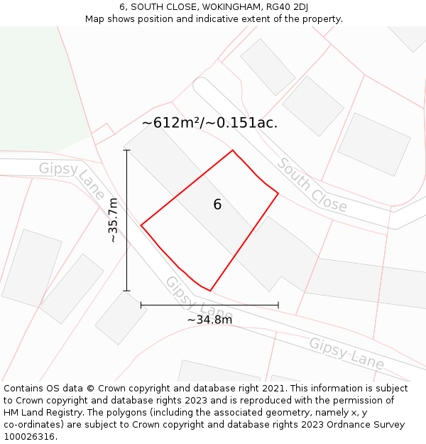 6, SOUTH CLOSE, WOKINGHAM, RG40 2DJ: Plot and title map
