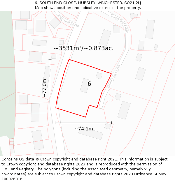 6, SOUTH END CLOSE, HURSLEY, WINCHESTER, SO21 2LJ: Plot and title map