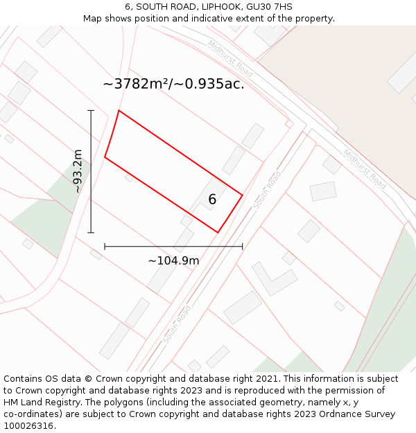 6, SOUTH ROAD, LIPHOOK, GU30 7HS: Plot and title map