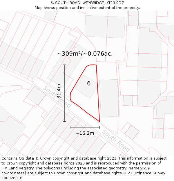 6, SOUTH ROAD, WEYBRIDGE, KT13 9DZ: Plot and title map