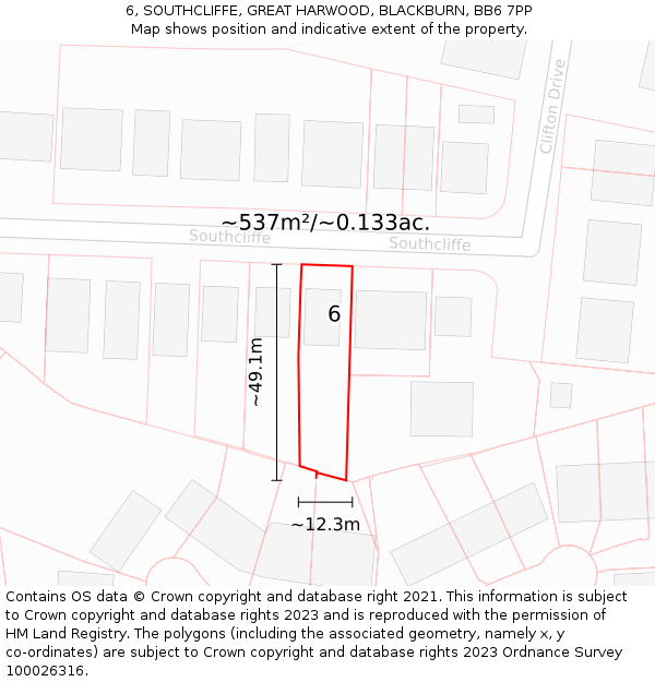 6, SOUTHCLIFFE, GREAT HARWOOD, BLACKBURN, BB6 7PP: Plot and title map