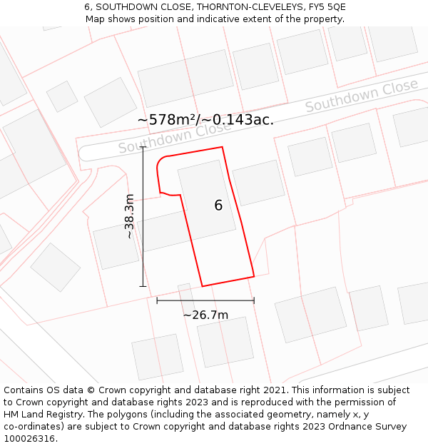 6, SOUTHDOWN CLOSE, THORNTON-CLEVELEYS, FY5 5QE: Plot and title map