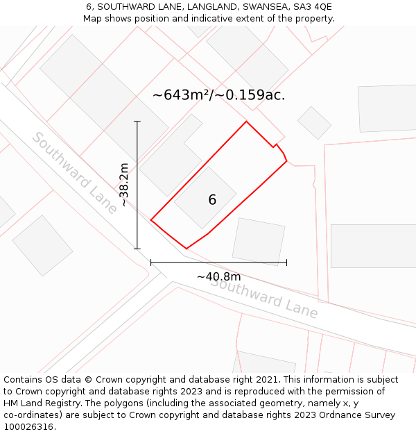 6, SOUTHWARD LANE, LANGLAND, SWANSEA, SA3 4QE: Plot and title map