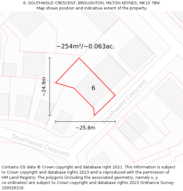 6, SOUTHWOLD CRESCENT, BROUGHTON, MILTON KEYNES, MK10 7BW: Plot and title map