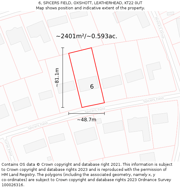 6, SPICERS FIELD, OXSHOTT, LEATHERHEAD, KT22 0UT: Plot and title map