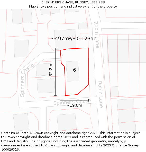 6, SPINNERS CHASE, PUDSEY, LS28 7BB: Plot and title map