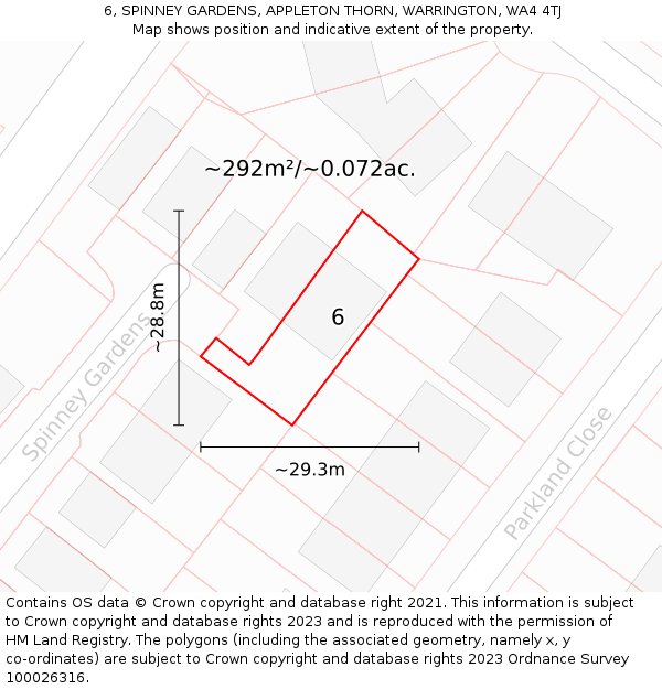 6, SPINNEY GARDENS, APPLETON THORN, WARRINGTON, WA4 4TJ: Plot and title map