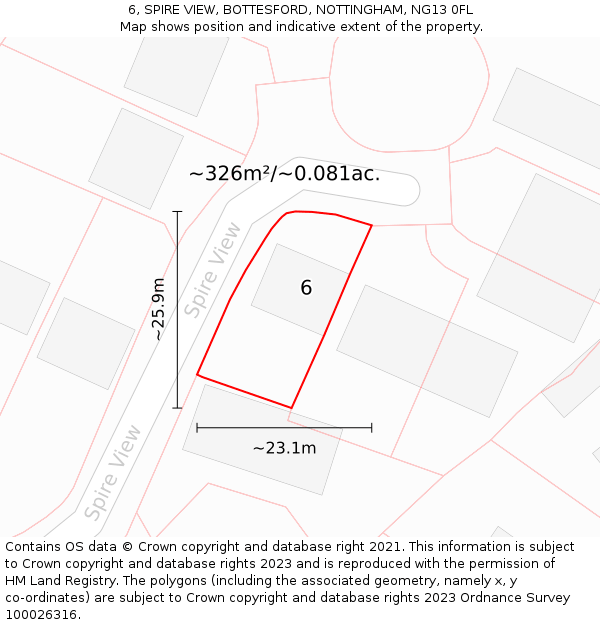 6, SPIRE VIEW, BOTTESFORD, NOTTINGHAM, NG13 0FL: Plot and title map