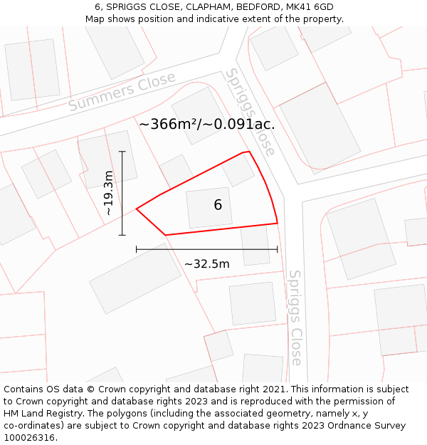 6, SPRIGGS CLOSE, CLAPHAM, BEDFORD, MK41 6GD: Plot and title map