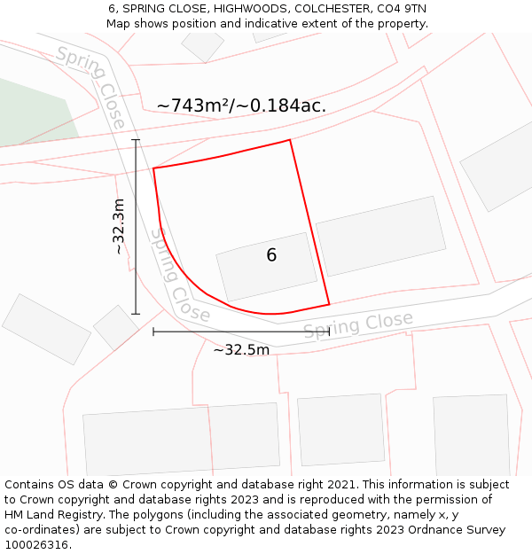 6, SPRING CLOSE, HIGHWOODS, COLCHESTER, CO4 9TN: Plot and title map
