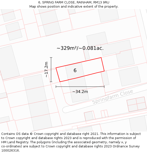 6, SPRING FARM CLOSE, RAINHAM, RM13 9RU: Plot and title map