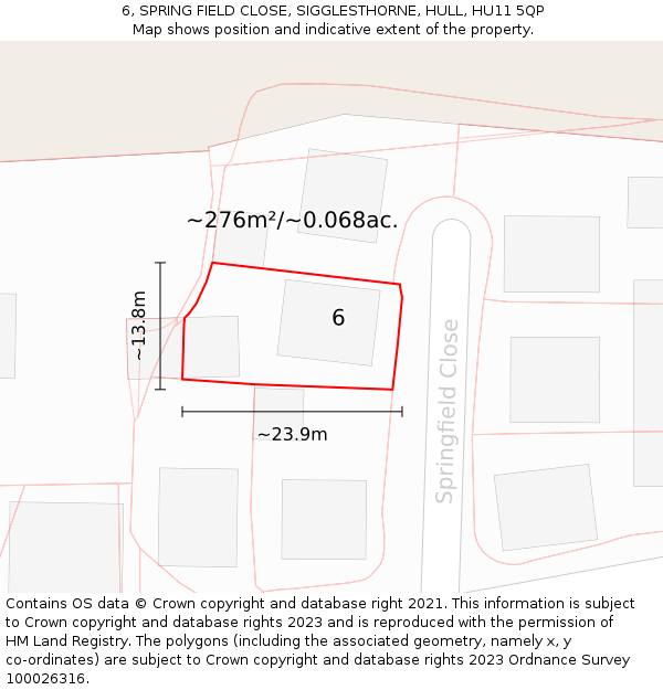 6, SPRING FIELD CLOSE, SIGGLESTHORNE, HULL, HU11 5QP: Plot and title map