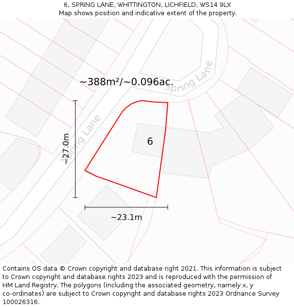 6, SPRING LANE, WHITTINGTON, LICHFIELD, WS14 9LX: Plot and title map