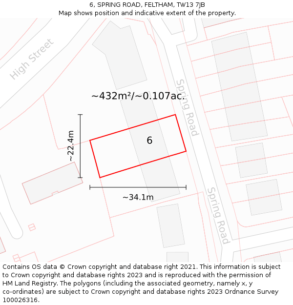 6, SPRING ROAD, FELTHAM, TW13 7JB: Plot and title map
