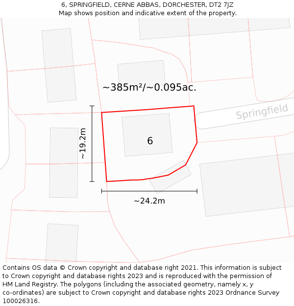 6, SPRINGFIELD, CERNE ABBAS, DORCHESTER, DT2 7JZ: Plot and title map