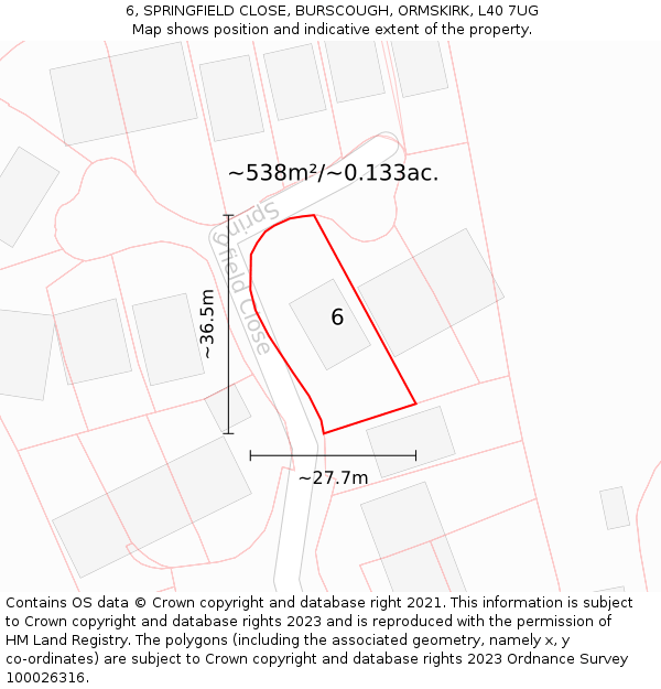 6, SPRINGFIELD CLOSE, BURSCOUGH, ORMSKIRK, L40 7UG: Plot and title map