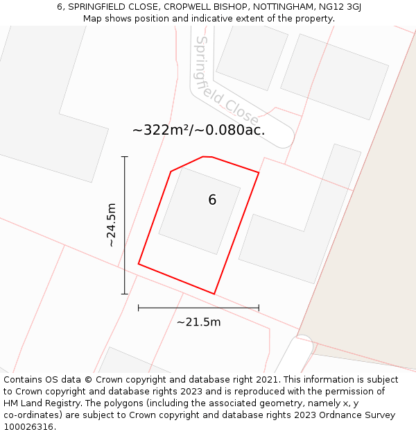 6, SPRINGFIELD CLOSE, CROPWELL BISHOP, NOTTINGHAM, NG12 3GJ: Plot and title map