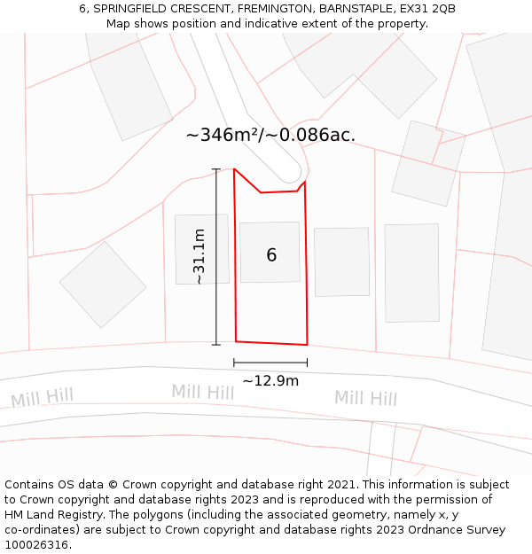 6, SPRINGFIELD CRESCENT, FREMINGTON, BARNSTAPLE, EX31 2QB: Plot and title map