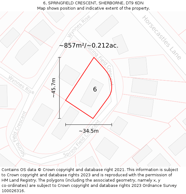 6, SPRINGFIELD CRESCENT, SHERBORNE, DT9 6DN: Plot and title map