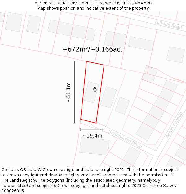 6, SPRINGHOLM DRIVE, APPLETON, WARRINGTON, WA4 5PU: Plot and title map