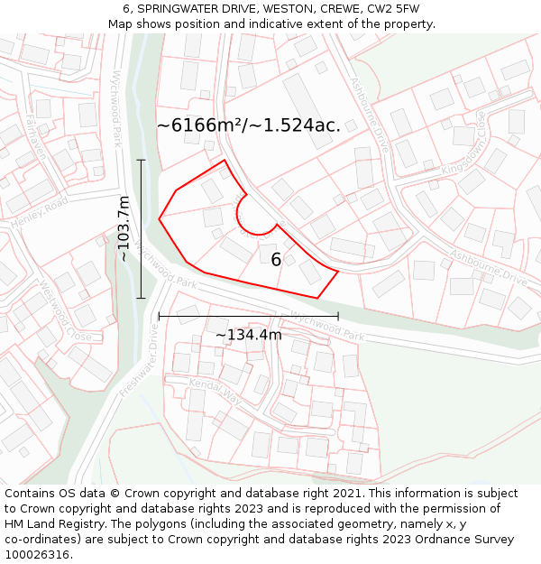 6, SPRINGWATER DRIVE, WESTON, CREWE, CW2 5FW: Plot and title map