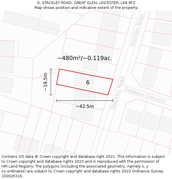 6, STACKLEY ROAD, GREAT GLEN, LEICESTER, LE8 9FZ: Plot and title map