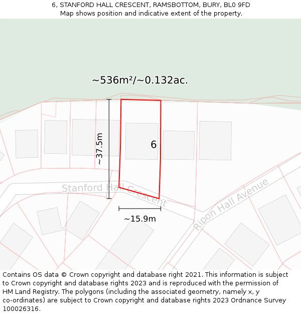 6, STANFORD HALL CRESCENT, RAMSBOTTOM, BURY, BL0 9FD: Plot and title map