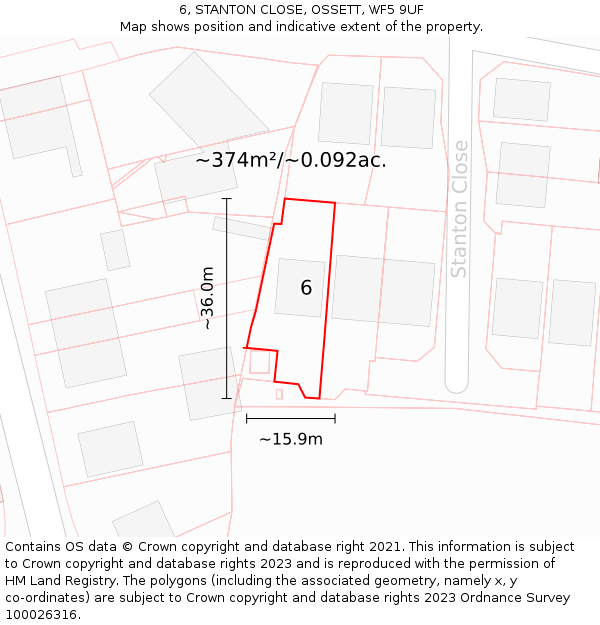 6, STANTON CLOSE, OSSETT, WF5 9UF: Plot and title map
