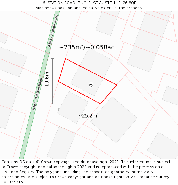 6, STATION ROAD, BUGLE, ST AUSTELL, PL26 8QF: Plot and title map
