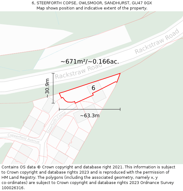 6, STEERFORTH COPSE, OWLSMOOR, SANDHURST, GU47 0GX: Plot and title map