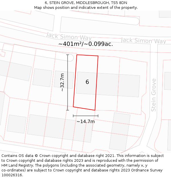 6, STEIN GROVE, MIDDLESBROUGH, TS5 8DN: Plot and title map