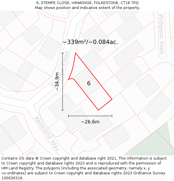 6, STEMPE CLOSE, HAWKINGE, FOLKESTONE, CT18 7PQ: Plot and title map