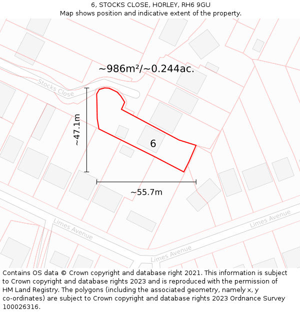6, STOCKS CLOSE, HORLEY, RH6 9GU: Plot and title map